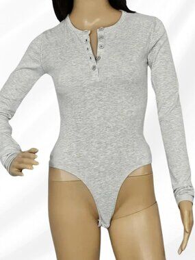 WeWoreWhat Heather Grey Ribbed Henley Long Sleeve Bodysuit XS NWT